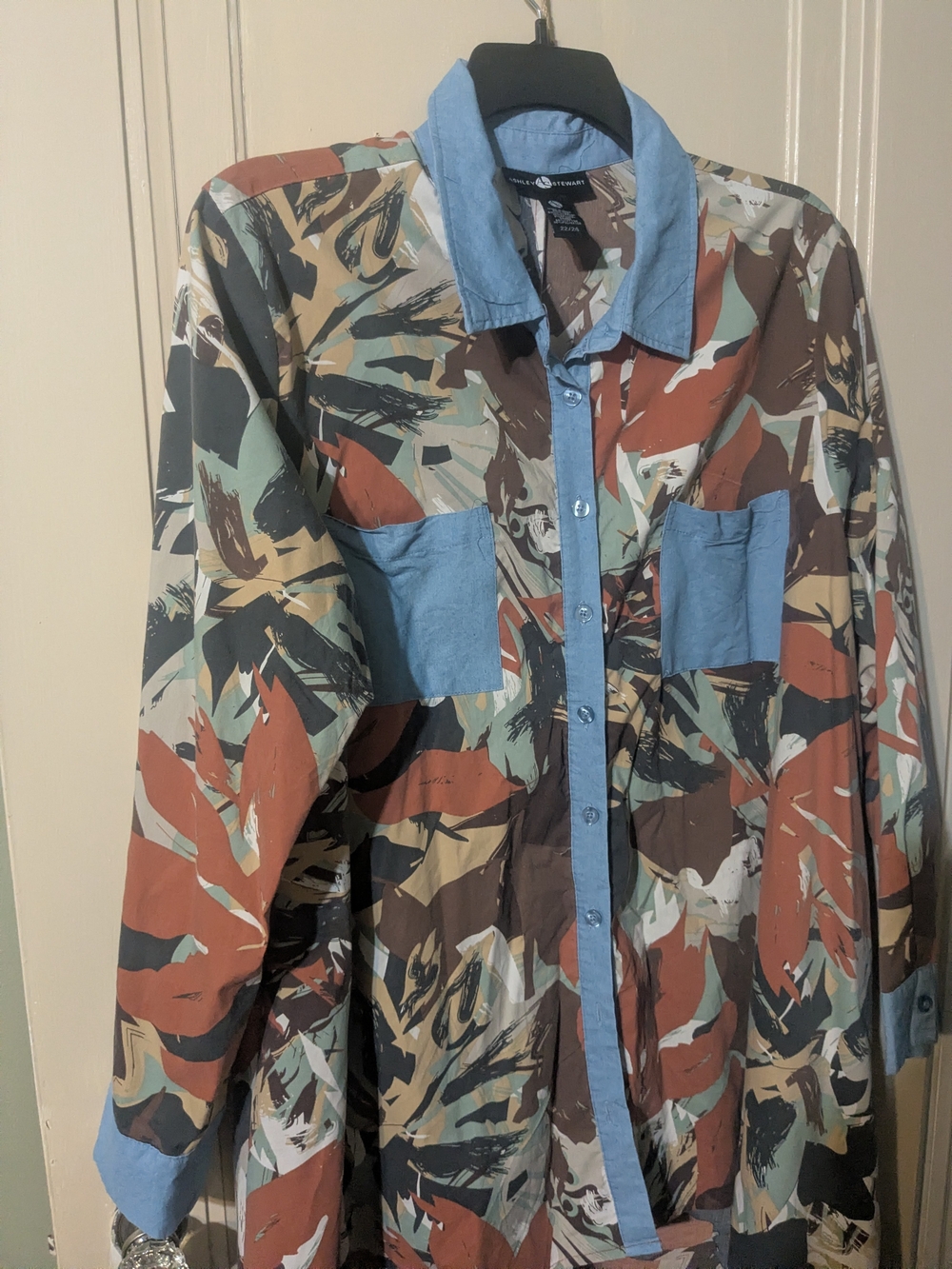 Ashley Stewart Multicolor Abstract Shirt Jacket with Chambray Trim